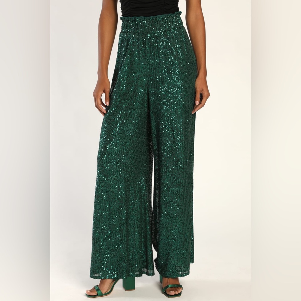 Lulu's Emerald Green Sequin Wide Leg Jumpsuit Pants - Picture 1 of 7
